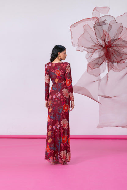 Maroon Printed Mesh Gown with Front Slit - Falak