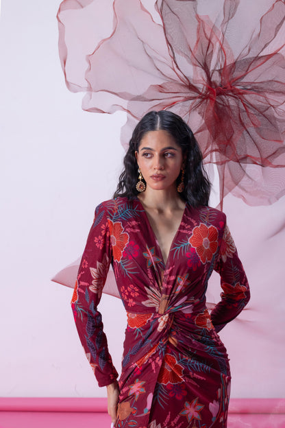 Maroon Printed Mesh Gown with Front Slit - Falak