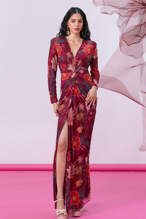 Maroon Printed Mesh Gown with Front Slit - Falak