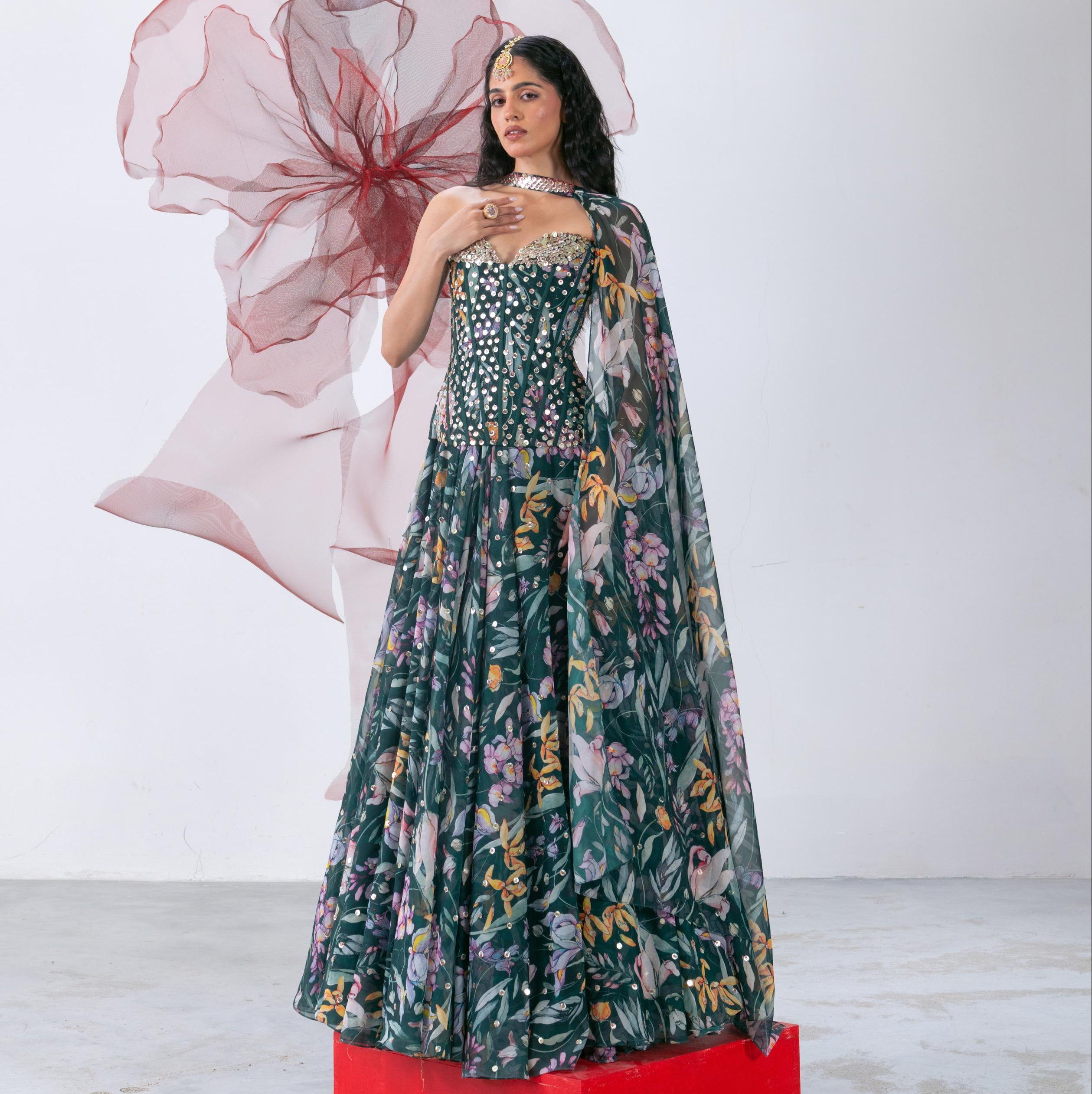 Green Corset with Flared Skirt and Choker - Chandrika