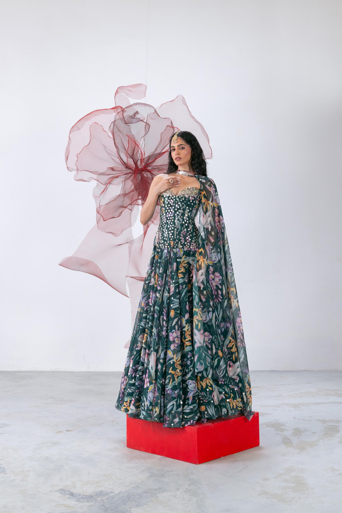 Green Corset with Flared Skirt and Choker - Chandrika