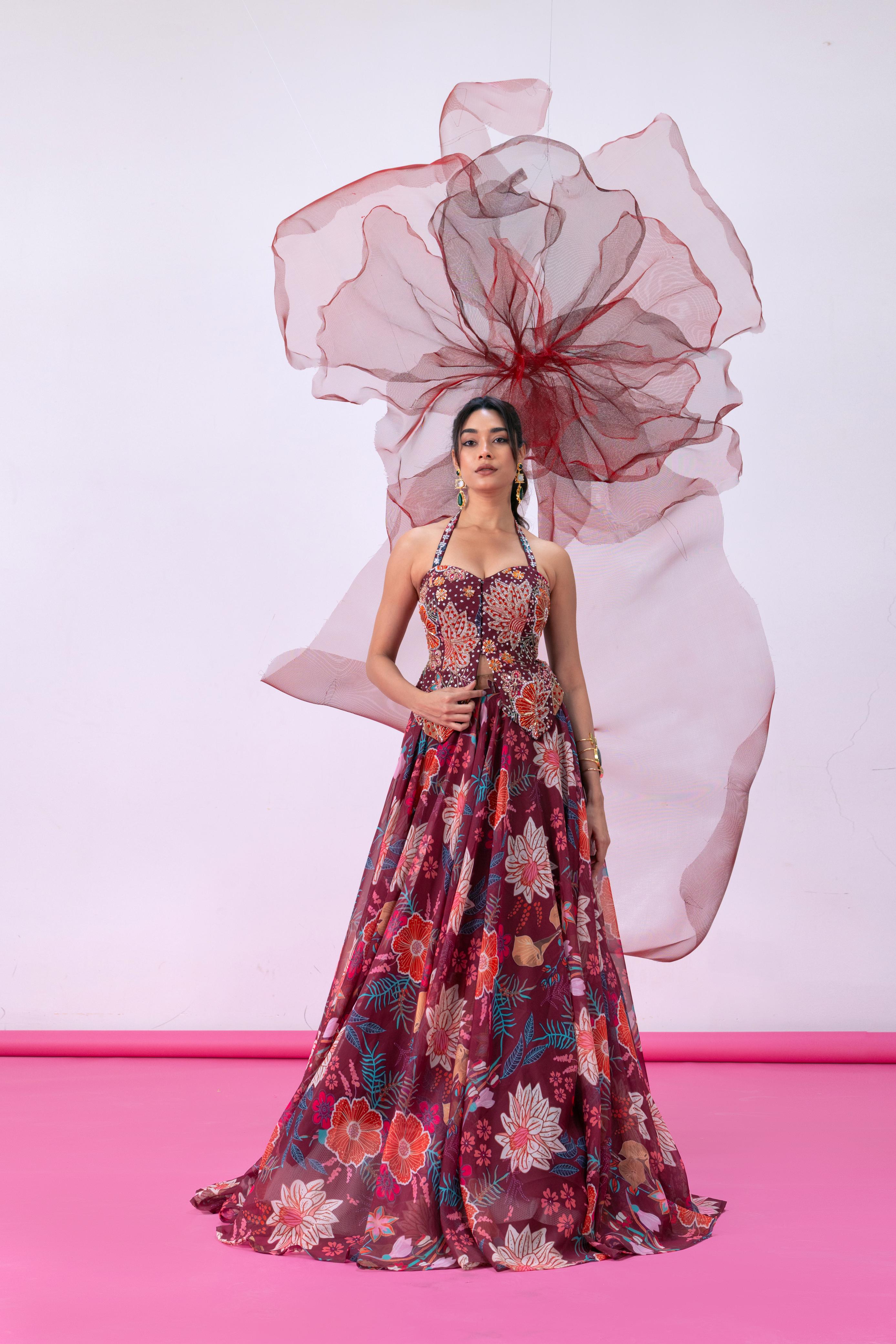Maroon Halter-Neck Corset with full flared lehenga and Dupatta - Jugnu