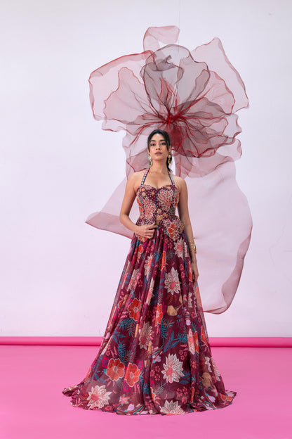 Maroon Halter-Neck Corset with Flowing Skirt - Jugnu