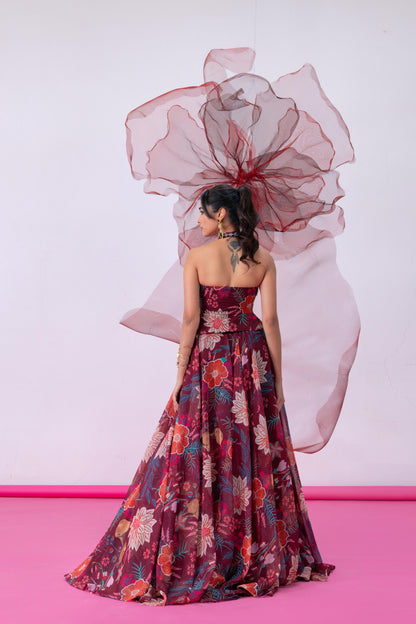 Maroon Halter-Neck Corset with Flowing Skirt - Jugnu