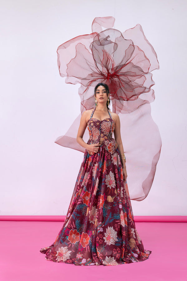 Maroon Halter-Neck Corset with full flared lehenga and Dupatta - Jugnu