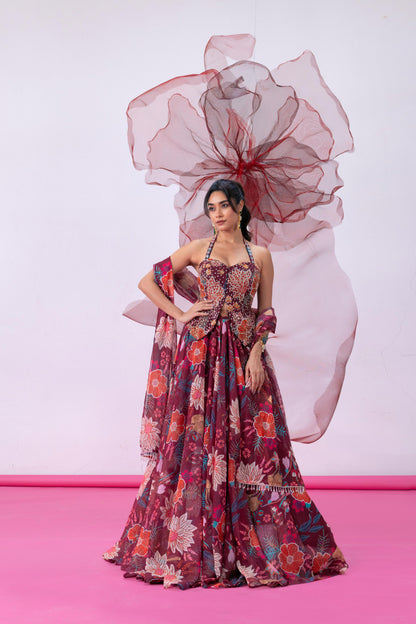 Maroon Halter-Neck Corset with Flowing Skirt - Jugnu