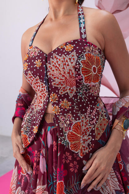 Maroon Halter-Neck Corset with Flowing Skirt - Jugnu