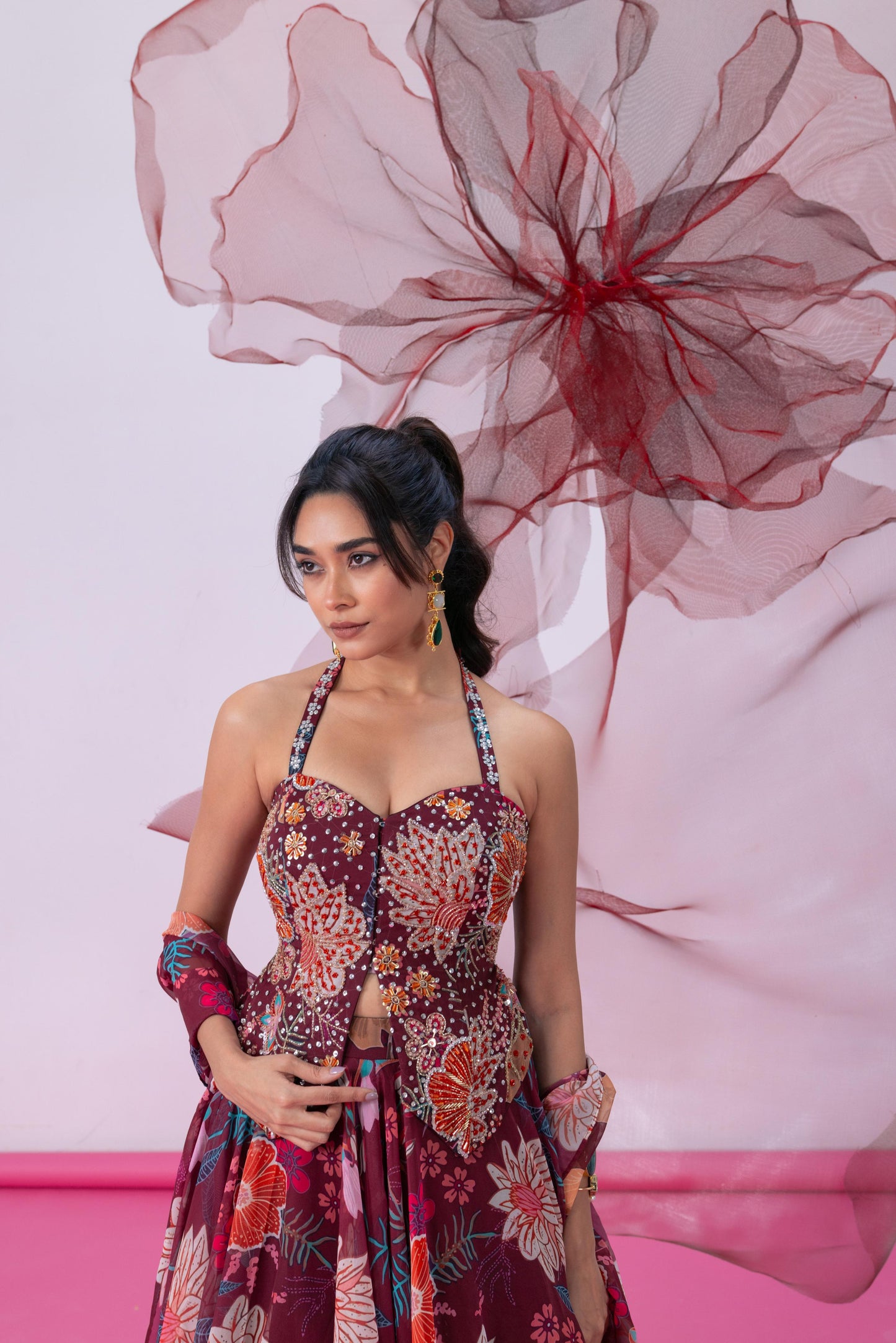 Maroon Halter-Neck Corset with Flowing Skirt - Jugnu