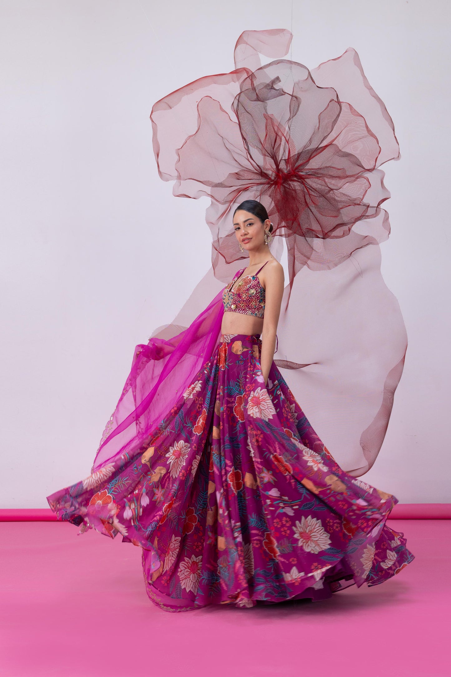 Pink Festive Top with Flared Skirt and Matching Dupatta - Aatrangi