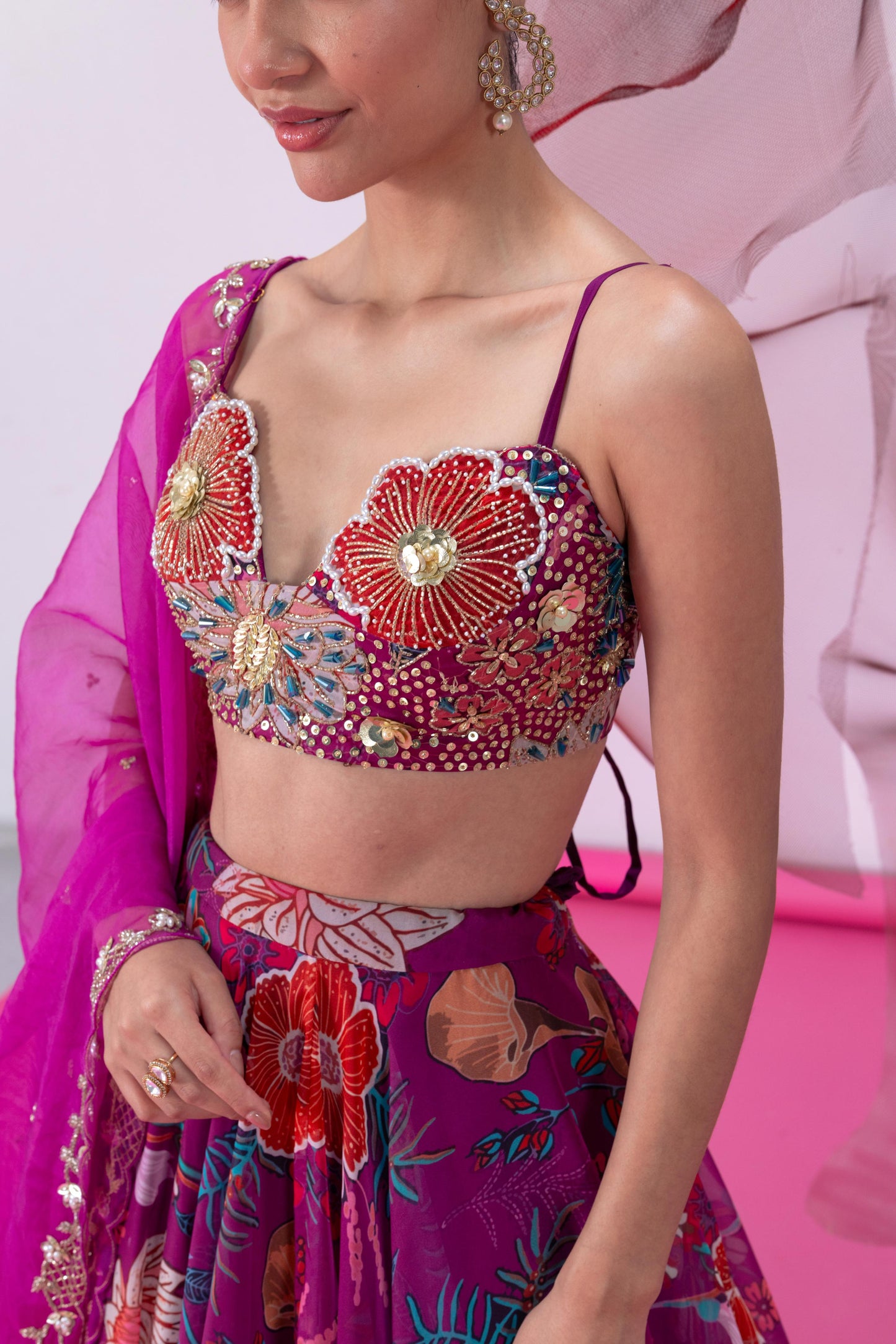 Pink Festive Top with Flared Skirt and Matching Dupatta - Aatrangi