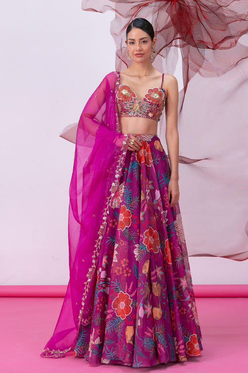 Pink Festive Top with Flared Skirt and Matching Dupatta - Aatrangi