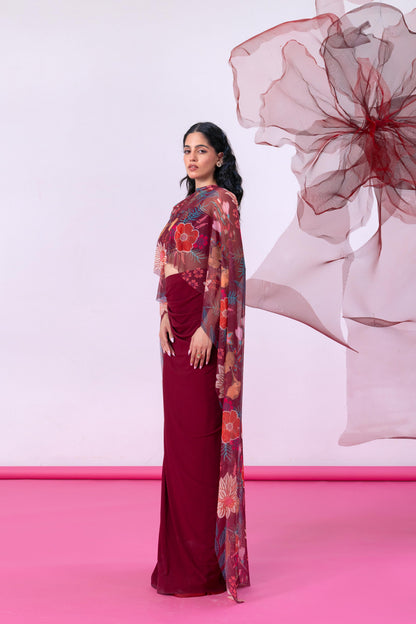 Maroon Crop Top with Draped Slit Skirt and Flowing Cape - Gulnaar
