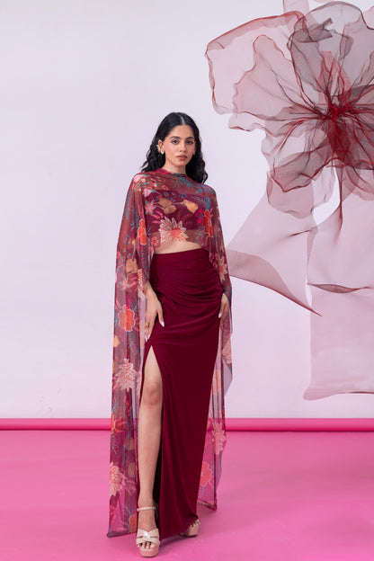Maroon Crop Top with Draped Slit Skirt and Flowing Cape - Gulnaar