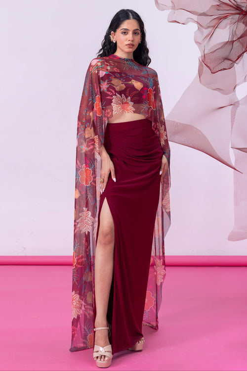 Maroon Crop Top with Draped Slit Skirt and Flowing Cape - Gulnaar