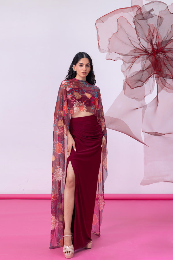 Maroon Crop Top with Draped Slit Skirt and Flowing Cape - Gulnaar