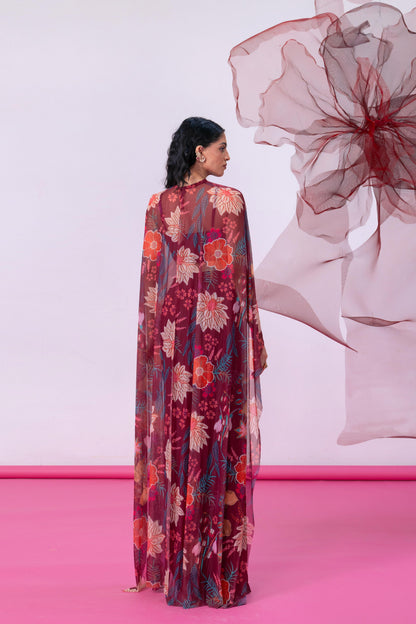 Maroon Crop Top with Draped Slit Skirt and Flowing Cape - Gulnaar
