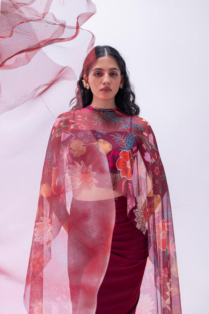 Maroon Crop Top with Draped Slit Skirt and Flowing Cape - Gulnaar