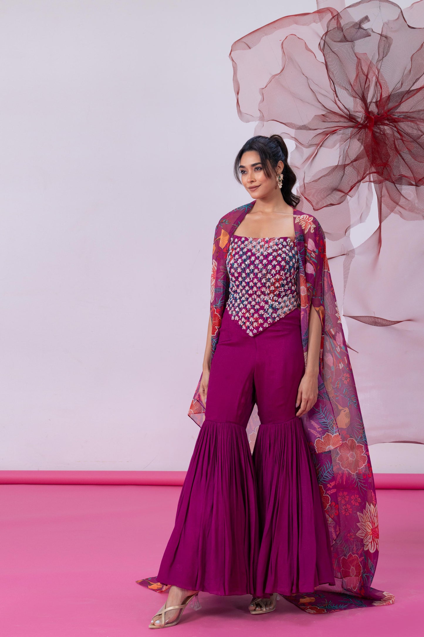 Maroon Corset-Style Top with Wide Palazzo Pants and Statement Cape - Rimjhim