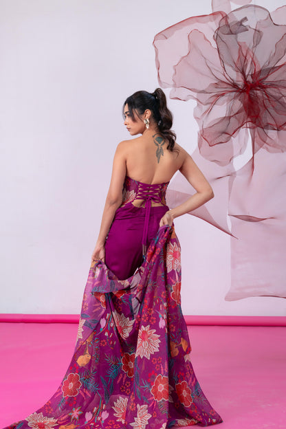 Maroon Corset-Style Top with Wide Palazzo Pants and Statement Cape - Rimjhim