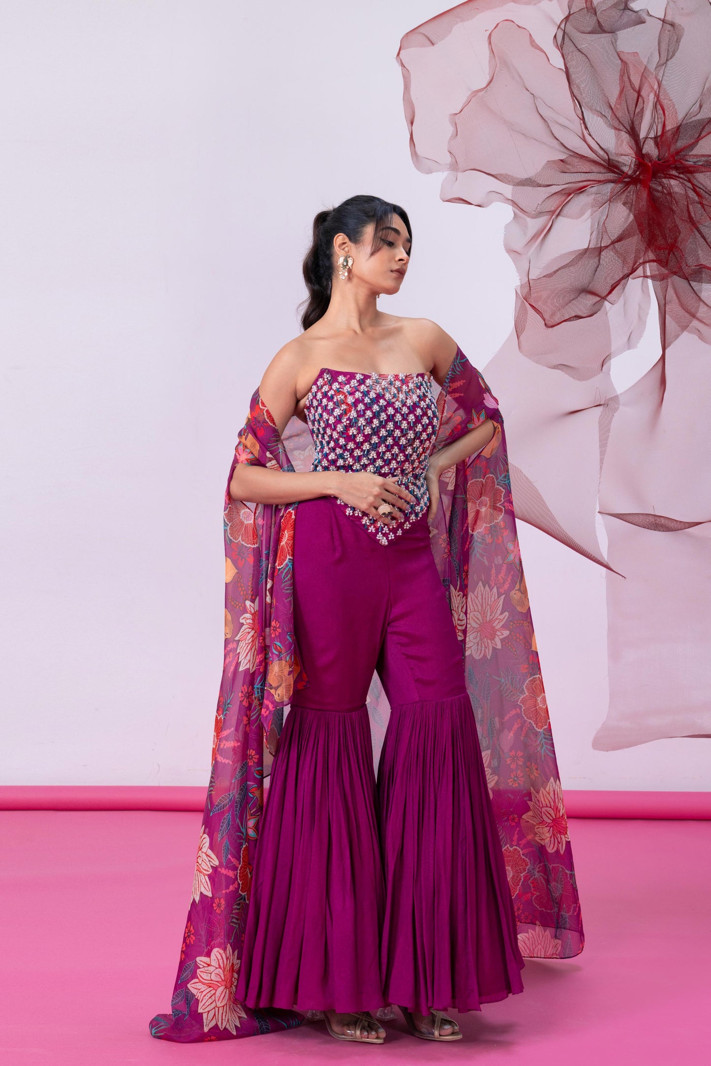 Maroon Corset-Style Top with Wide Palazzo Pants and Statement Cape - Rimjhim