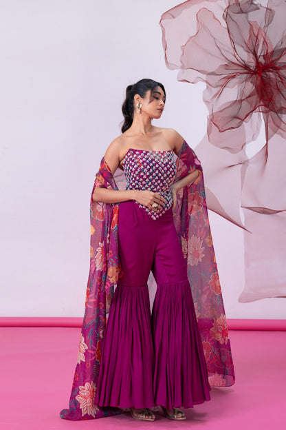 Maroon Corset-Style Top with Wide Palazzo Pants and Statement Cape - Rimjhim