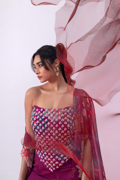 Maroon Corset-Style Top with Wide Palazzo Pants and Statement Cape - Rimjhim