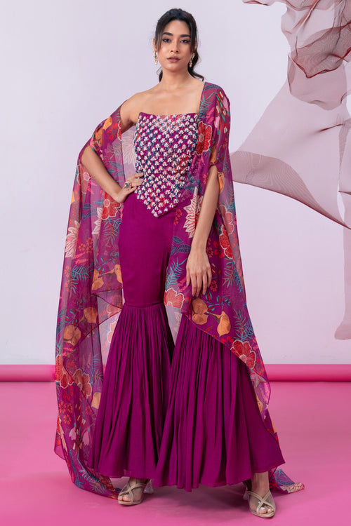 Maroon Corset-Style Top with Wide Palazzo Pants and Statement Cape - Rimjhim