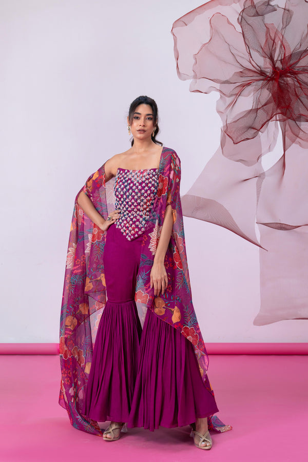 Maroon Corset-Style Top with Wide Palazzo Pants and Statement Cape - Rimjhim