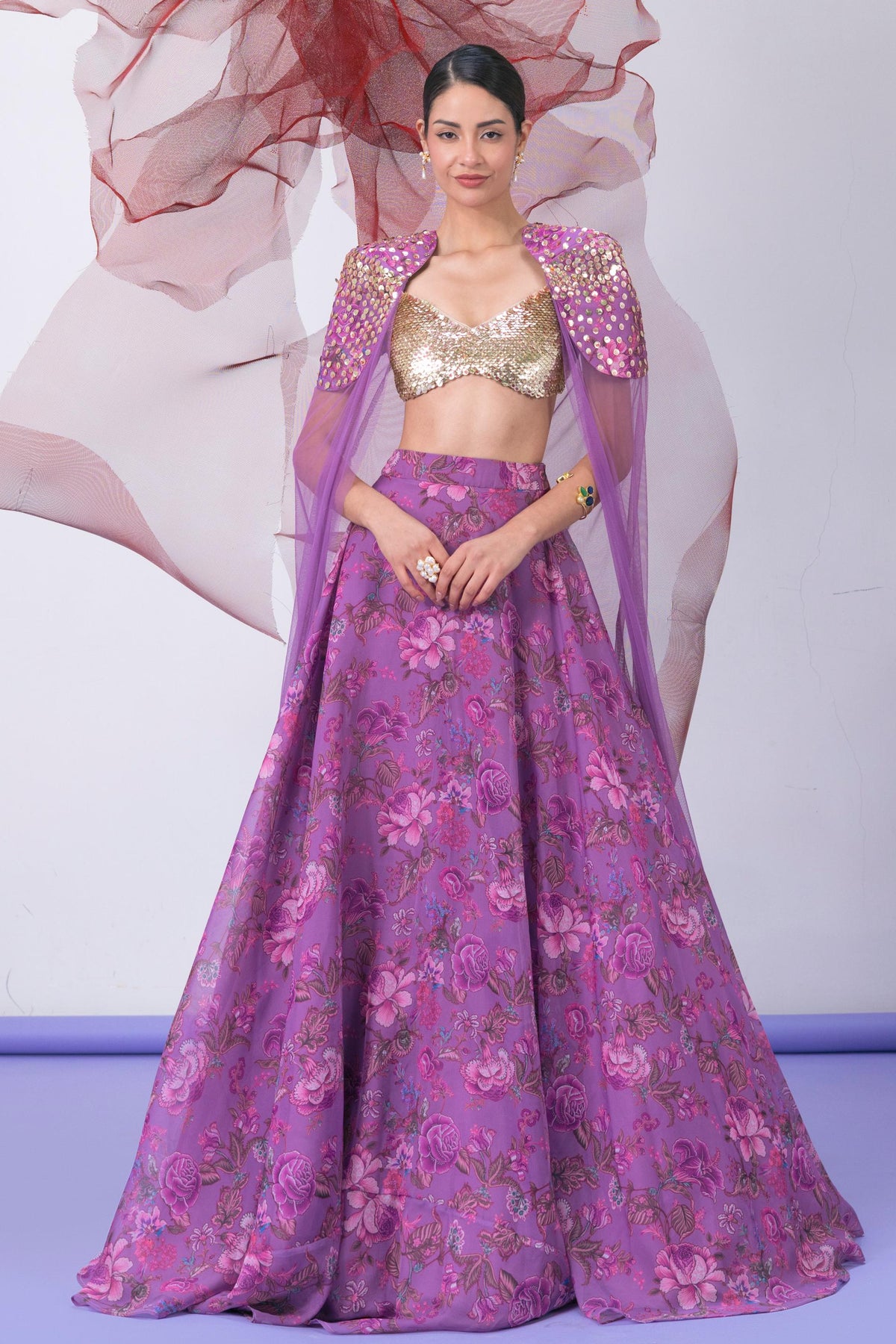 Purple Blouse with Printed Skirt and Embellished Cape - Jalwa