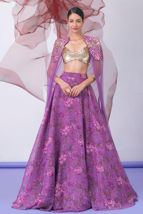 Purple Blouse with Printed Skirt and Embellished Cape - Jalwa