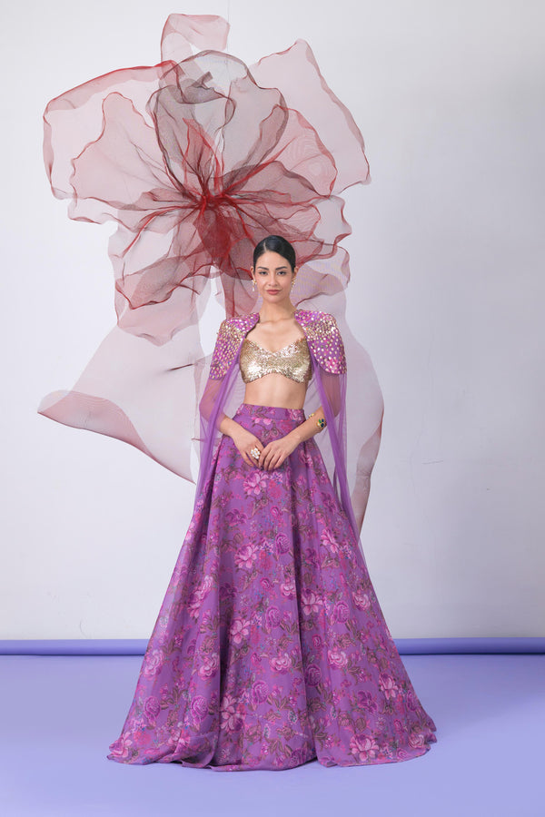 Purple Blouse with Printed Skirt and Embellished Cape - Jalwa