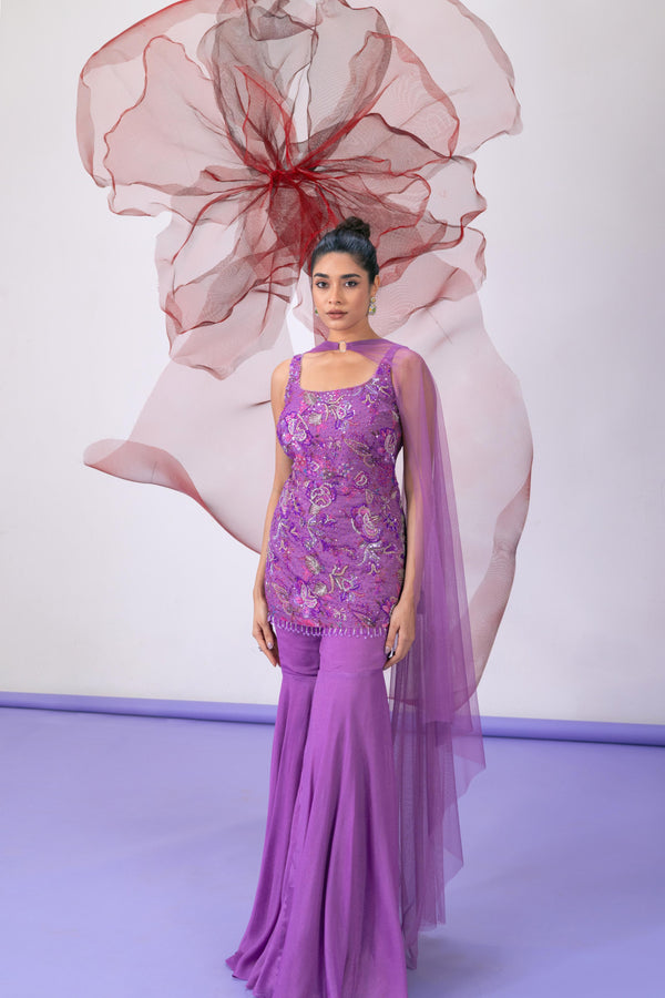 Purple Printed Kurta with Palazzo and Dupatta - Pakeezha
