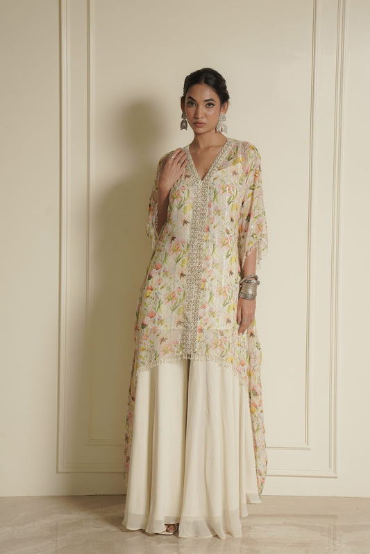 White Chiffon Printed Kaftan with Palazzo – Petal Perfection