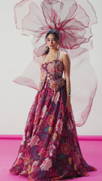 Maroon Halter-Neck Corset with Flowing Skirt - Jugnu