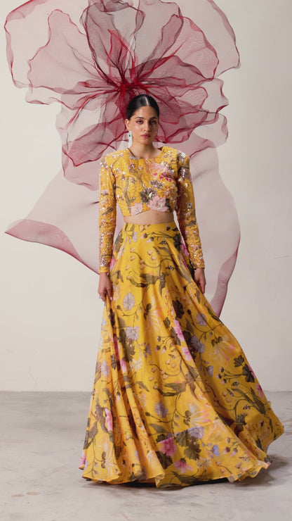 Yellow Full Sleeves Blouse with Flared Skirt - Mastani