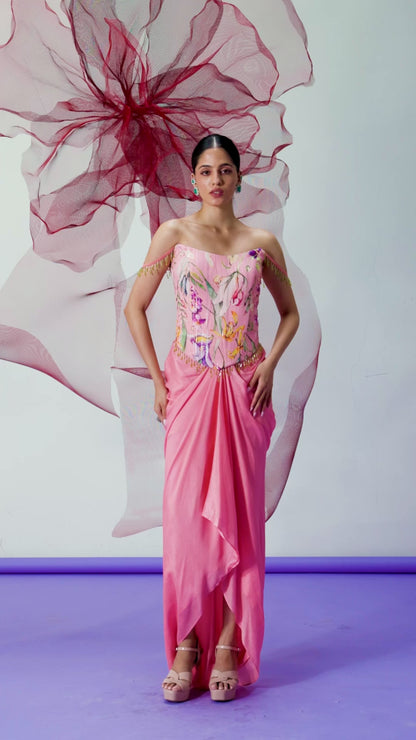 Peach Corset-Style Blouse with Draped Skirt - Meher