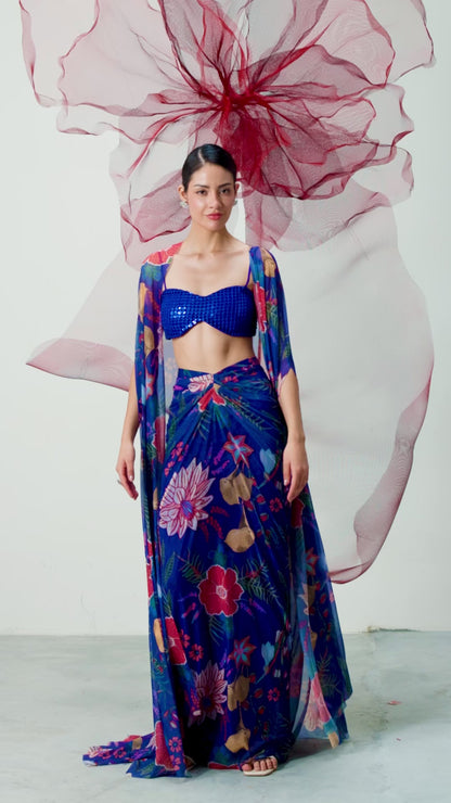 Electric Blue Bralette with Printed Skirt and Cape Set - Phooljadi