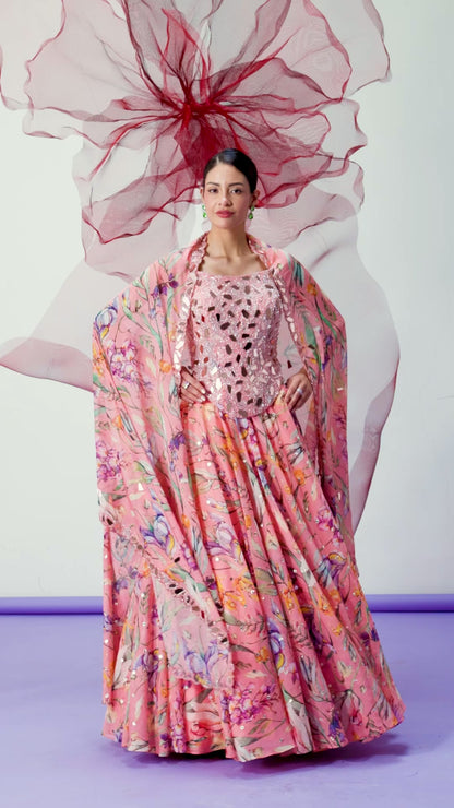 Peach Corset with Printed Lehenga and Dupatta - Laila