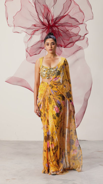 Yellow Printed Saree with Embellished Blouse - Adaa