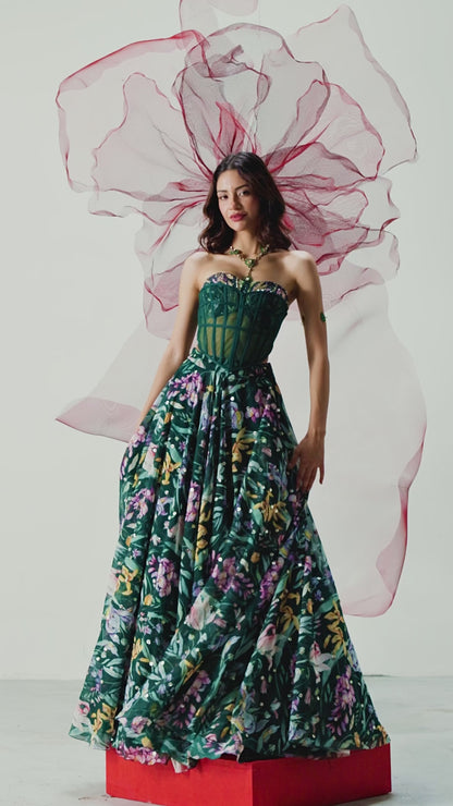 Green Corset-Style Blouse with Flowing Skirt and Matching Dupatta - Patakha