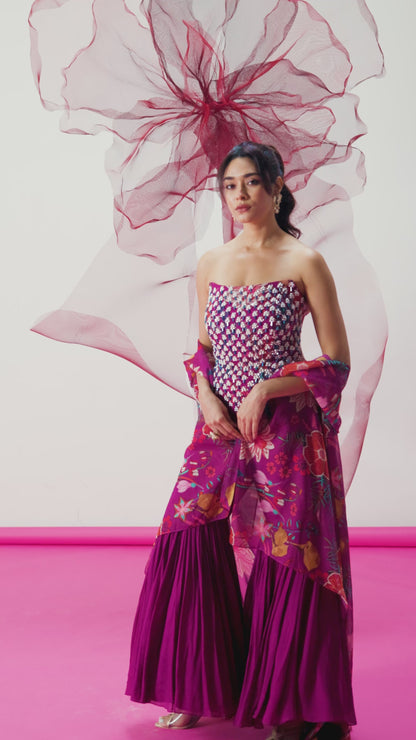 Maroon Corset-Style Top with Wide Palazzo Pants and Statement Cape - Rimjhim
