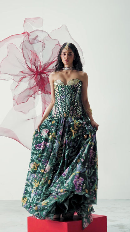 Green Corset with Flared Skirt and Choker - Chandrika