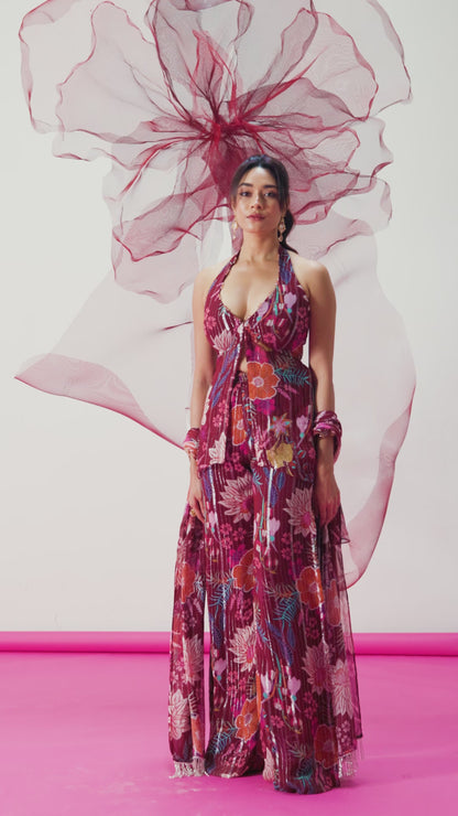 Maroon Halter Neck Kurta with Palazzo and Dupatta - Mahira