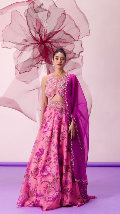 Pink Crop Top with Lehenga and Dupatta - Haseena