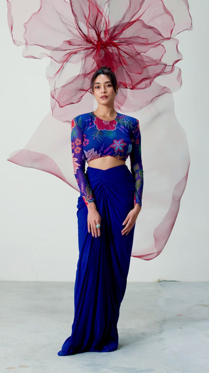 Electric Blue Printed Full Sleeves Top with Drape Skirt - Leher