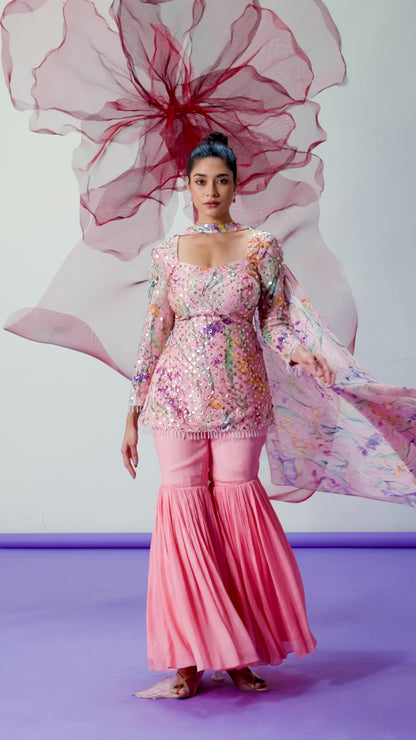 Peach Full Sleeves Kurta with Palazzo and Choker - Mehbooba