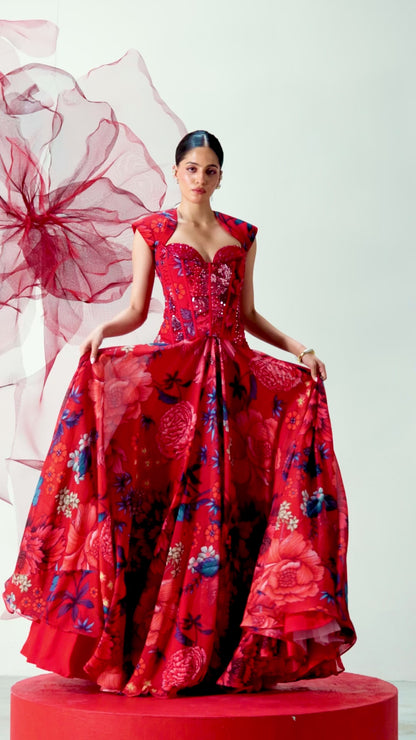 Red Corset-Style Blouse with Flared Skirt - Phoolan Devi