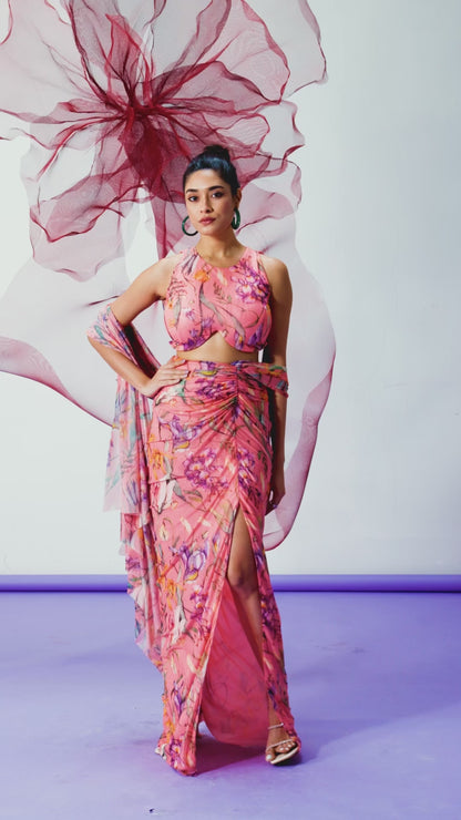 Peach Printed Crop Top with Coordinating Skirt - Qaatil
