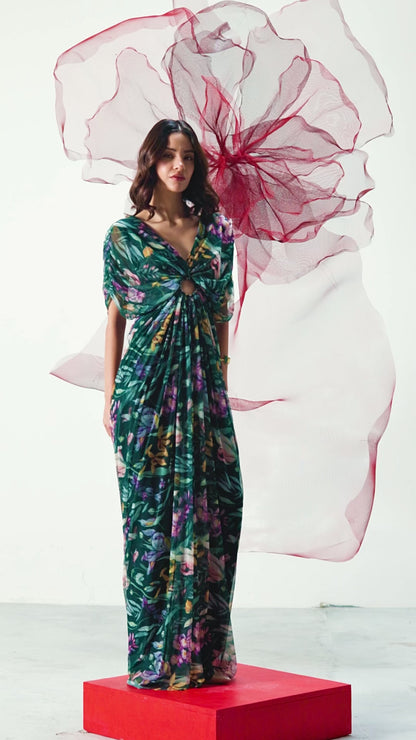 Green Printed Mesh Gown - Sunehri