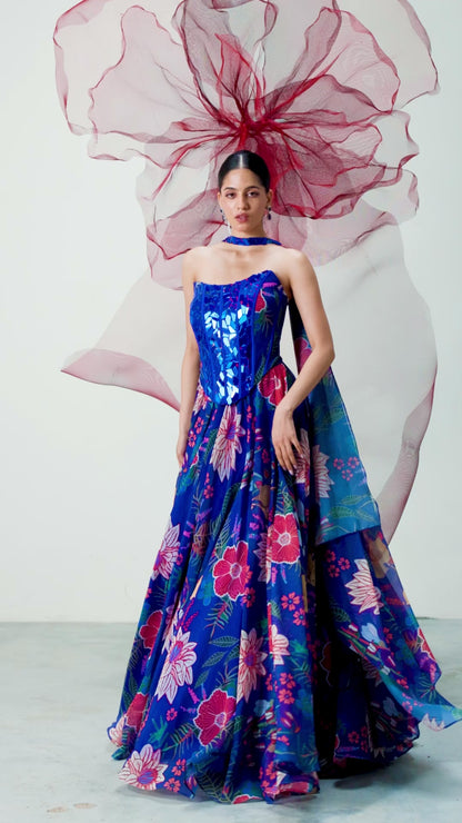 Electric Blue Mirror Work Corset with Printed Lehenga - Suroor